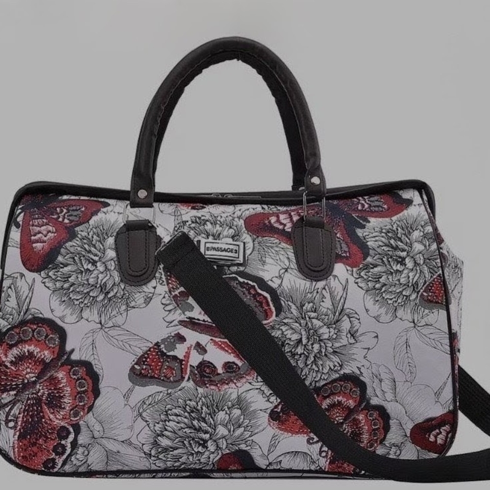 New. Floral Butterfly Travel Bag - Black and Red W/43 In Shoulder Strap
